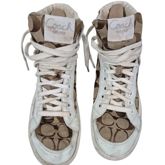 Coach Signature & Leather Ellis Khaki / White High Top Sneakers 8 - Picture 3 of 8